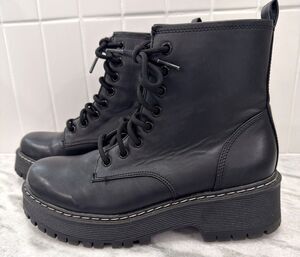 Grunge Edgy Emo Women Combat Boots Sz 7 Black Chunky Heels Zip Laces Goth Baddie